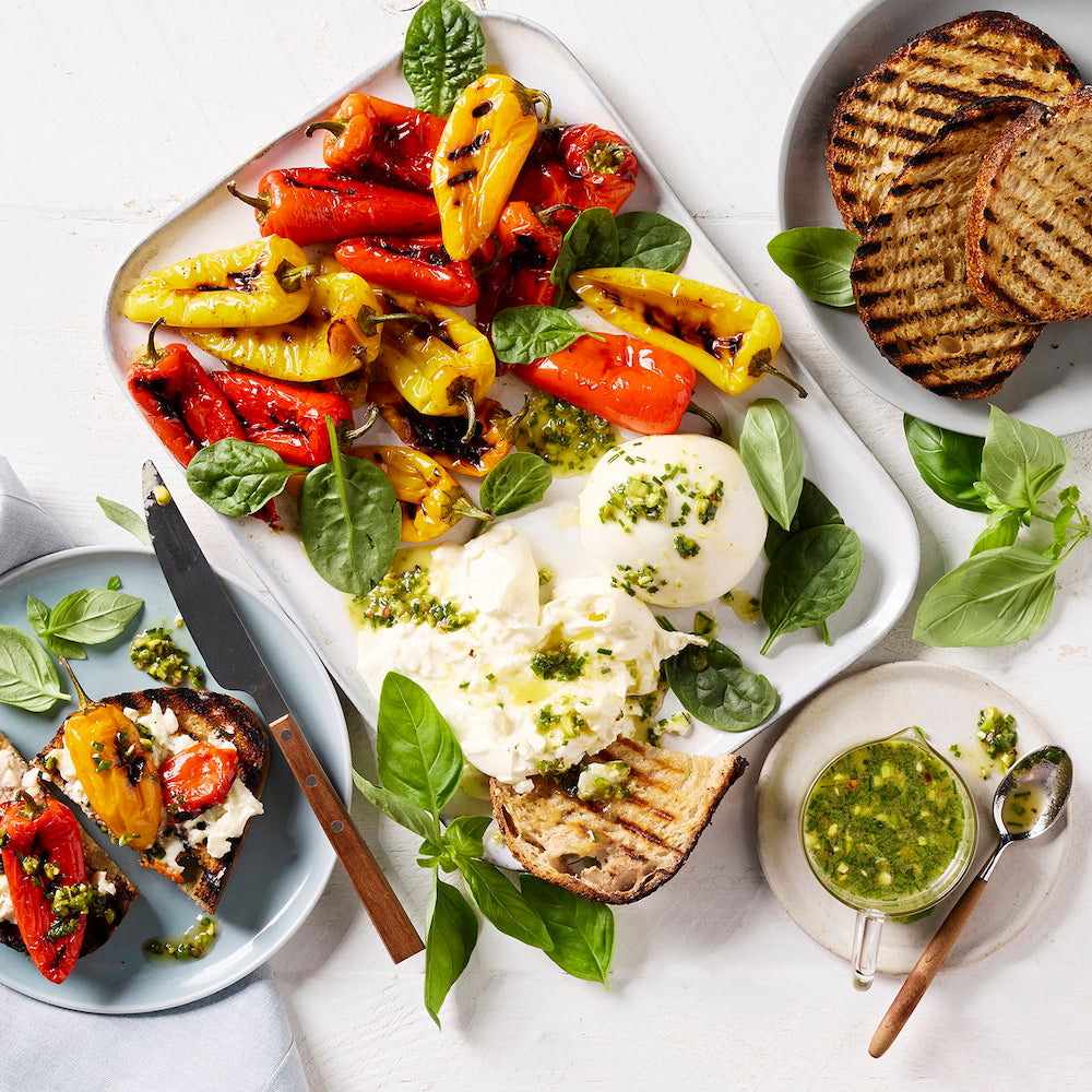 Charred Baby Capsicums with Burrata