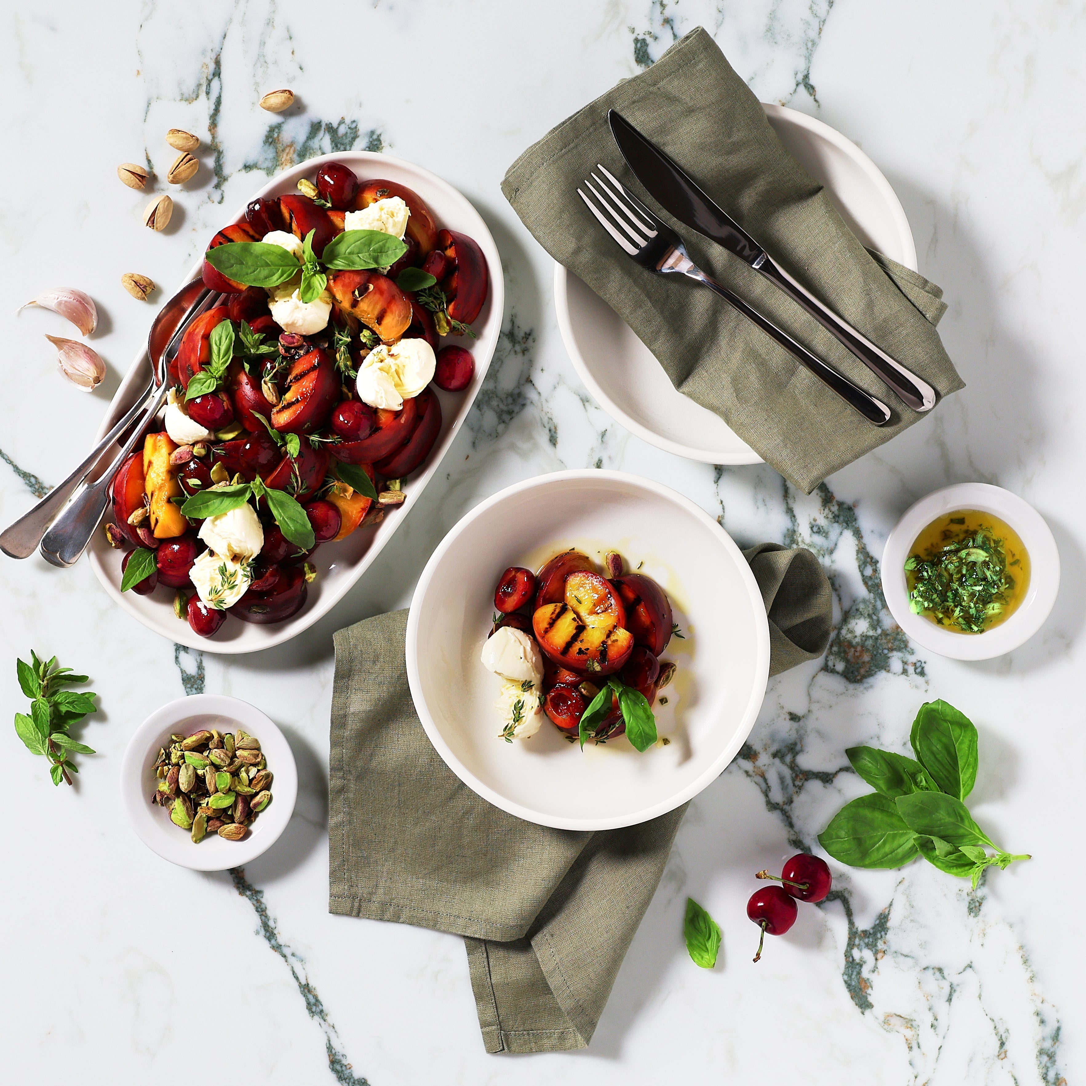 Char Grilled Peach and Cherry, Caprese Salad